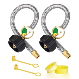 18 Inch RV Propane Hose Replacement with Gauge, 2 Pack Camper Propane Hose for RV Two-Stage Regulator, Stainless Steel Braided, 1/4" Male NPT & QCC 1 Inlet, 350PSI