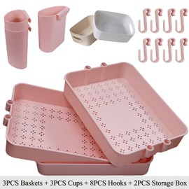 Freletry 3 Tier Utility Rolling Cart Storage Organizer Shelf Rack with 3PCS Hanging Cups + 8PCS Hooks + 2PCS Storage Box for Home Office Kitchen Bathroom Storage (Pink 3 Cup+8 Hook+2 Storage Box)