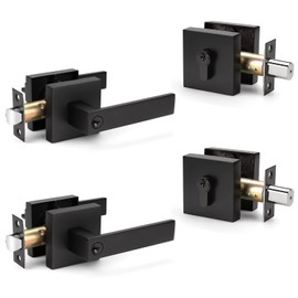 Brotima 2 Pack Keyed Entry Door Lever and Double Cylinder Deadbolt Set, Keyed Alike Reversible Lockset, Matte Black Square Interior/Exterior Handleset for Bedroom, Front Door