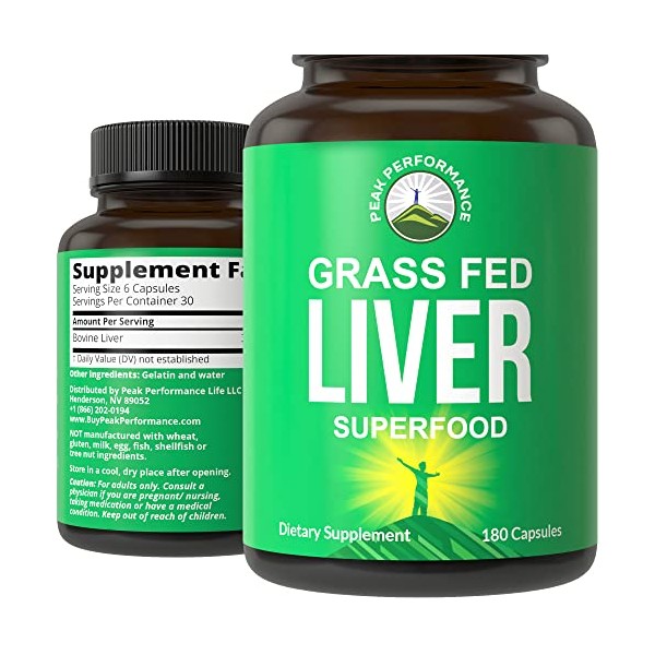Grass Fed Desiccated Beef Liver Supplement by Peak Performance. 180 Capsules of Grassfed Liver Superfood Pills Contains Natural Iron, Vitamins, Amino Acids. Great for Immune Support