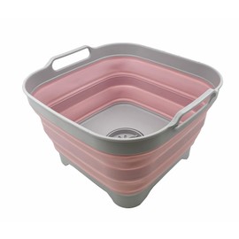 SAMMART 10L Collapsible Plastic Dishpan with Draining Plug - Portable Washing Tub/Basin - Foldable Tub - Space Saving Kitchen Storage (Grey/Pale Pink)