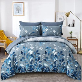 Anibedding Blue Comforter Set California King Size 7 Piece Navy Botanical Gradient Leaves Ultra Soft Lightweight Reversible Microfiber Bedding Comforter Set for All Season