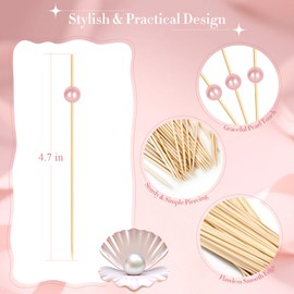 200PCS Cocktail Picks, Pink Pearl Decorative Toothpicks for Appetizers, 4.7 Inch Long Fancy Bamboo Skewers Wooden Charcuterie Sticks for Drinks Fruit Food Wedding Decor Party Supplies Bridal Shower