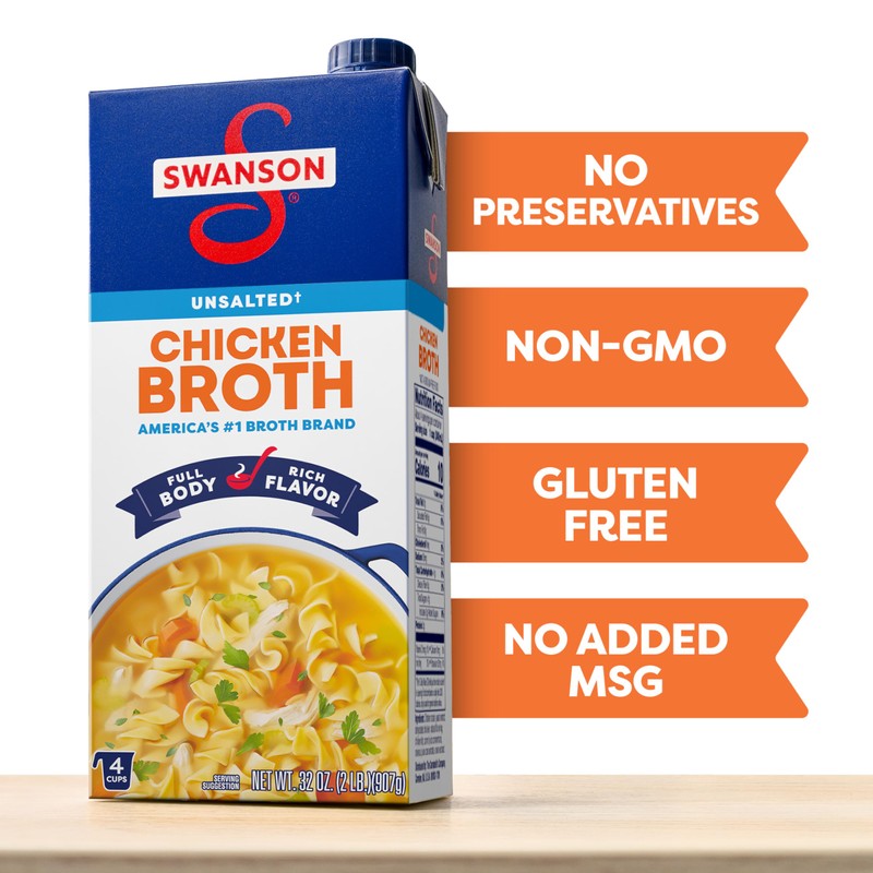 SWANSON S 100% Natural Unsalted Chicken Broth, 32 oz Carton