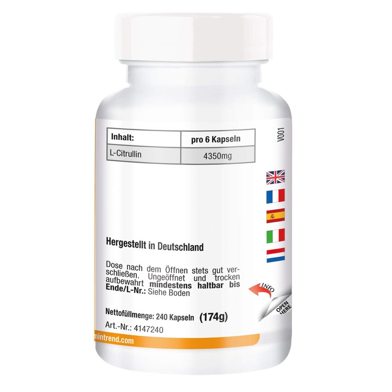 L-Citrulline 725 mg – 240 Capsules – Vegan – High