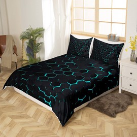 Honeycomb Hexagon Bedding Set Twin Size,Geometry Duvet Cover Teal Neon Lights Bed Comforter Cover Set for Kids Boys Girls,Modern Diamond Pattern Bedding Quilt Cover Set Decorative 2 Piece