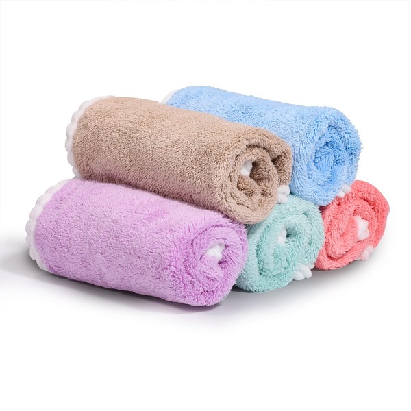 Lanjue 5 Pack Flannel Face Cloth, 11.81 x 11.81 inch Soft Baby Towel Reusable Absorbent Coral Fleece Washcloths for Babies and Adults