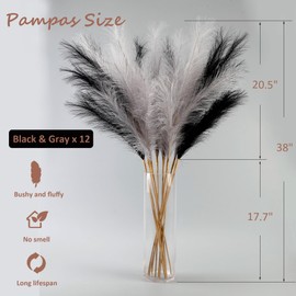 Acfruits 12 Pcs Black and Gray Faux Pampas Grass Decor 38"/3.1FT Tall Fake Pompas Floral Large Artificial Pompous Grass Branches Plants for Floor Vase Filler Home Boho Decoration