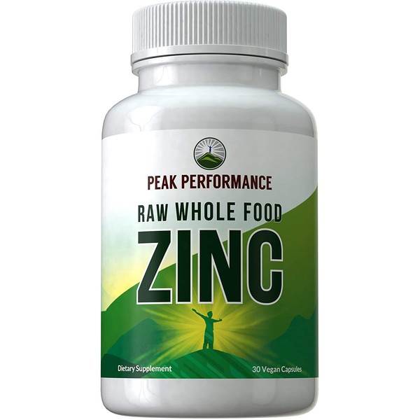 Raw Whole Food Best Zinc Vegan Supplement with Vitamin C. by Peak Performance. Zinc Supplements 30mg Capsules, Pills, Tablets, Vitamins