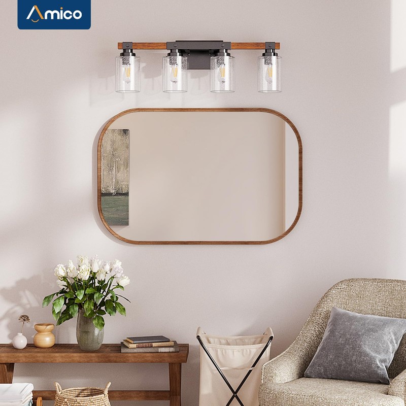Amico Farmhouse Bathroom Vanity Light Fixtures,Rustic 4-Light Industrial Painted Wood