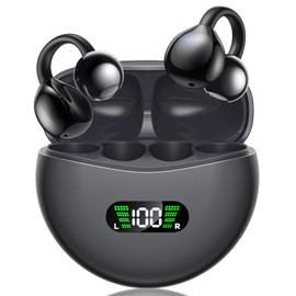 ABCDONG Open Ear Earbuds Bone Conduction Headphones Wireless Clip On Earbuds with Digital Display Charging Case 42 Hours Playtime Bluetooth 5.4 Sport Earphones Built-in Mic for Running Fitness Black