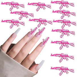 UHOMENY 12PCS Gun Nail Charms, 3D Pink Gun Nail Art Charms Metal Shiny Diamonds Rhinestones Gun Charms for Acrylic Long Nail Art Decorations Jewelry Finding Bracelet Making Accessory