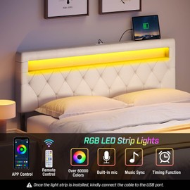 GREENSTELL Headboard for Queen Size Bed with 60,000 DIY Color of LED Light, USB & Type C Post, Attach Frame, Height Adjustable, White Leather Wall Mounted Head Boards Only, Sturdy & Stable, Queen