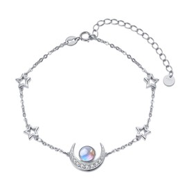 LELOUCHY Moon and Star Bracelet 925 Sterling Silver Rainbow Round Moonstone Bracelet for Women Moon Bracelet Moon Jewelry