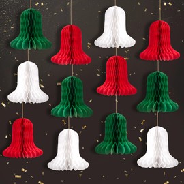 SUNBEAUTY Pack of 12 Hanging Honeycomb Bells Decoration Christmas Paper Bells Decoration Red Green White Christmas Bells for Christmas Parties Hanging Decoration Christmas