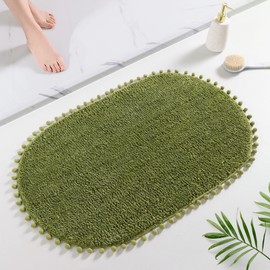 YIRDDEO Olive Green Pom Bath Rug for Bathroom Non Slip, Cute Boho Pom Oval Absorbent Shower Mat, Plush Soft Washable Rug (20" x 30")