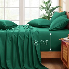 Horbaunal Extra Deep Pocket Queen Sheets - Fits Mattress 18-24 Inches Deep - 6 Pieces Hotel Luxury 1800 Thread Count Microfiber Sheet Set - Ultra Soft Hunter Green Queen Size Bed Sheets