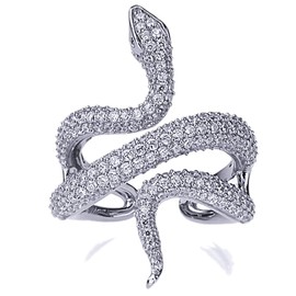 Sterling Silver Statement Ring Healing Protection Snake CZ Pave Adjustable Open Ring 34mm, 7