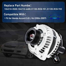 Alternator 130 A 12 V FIT Honda Accord 3.0 L V6 (2004~2007) – 6-Groove CW Pulley, Direct Replacement for 104210-3500/104210-4480/31100-RCB-Y01 / 31100-RCB-Y02