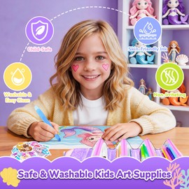 JYPS 70 Pieces Mermaid Painting Set for Children with Pencil Case, Painting Case Set Children with Felt Tip Pens, Glitter Pens, Coloured Pencils Markers, Art Set, Craft Set, Easter Gifts for Girls 3-10 Years