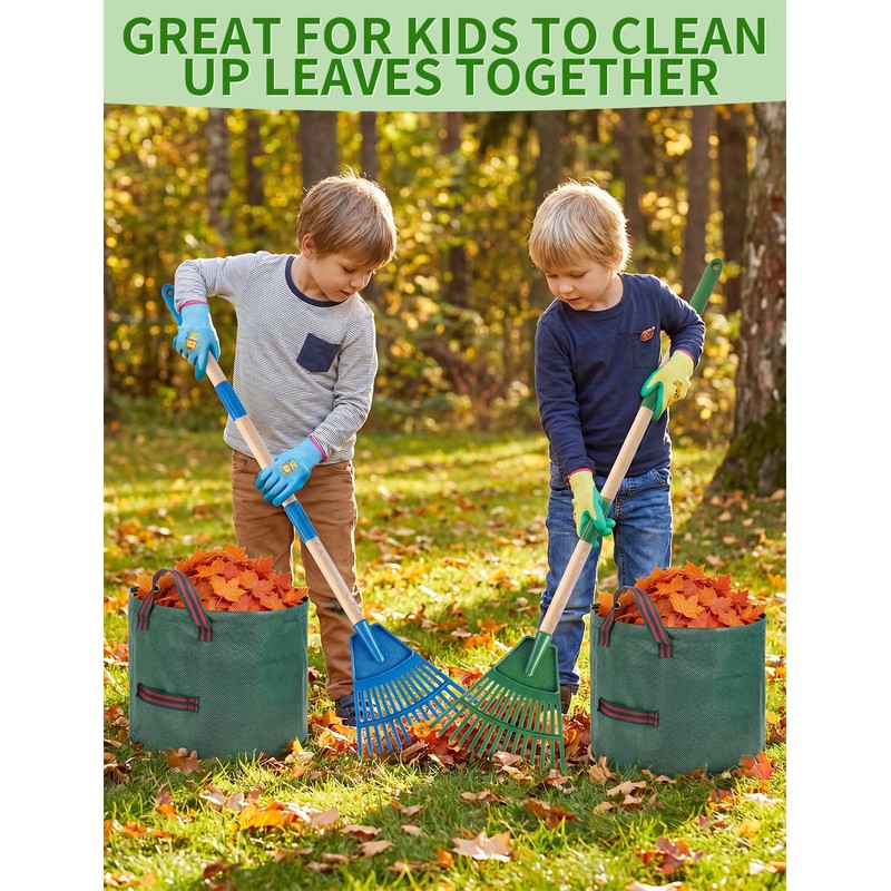 2 Pack Kids Adjustable Leaf Rake(25" to34) with 2 Pairs