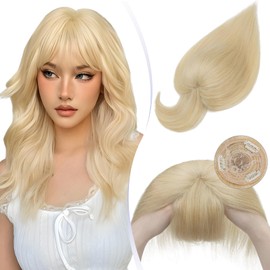TESS Blonde Real Hair Toppers For Women UK Human Hair For Thinning Hair With Bangs Fringe Mono Base Natural Crown Hairpiece - #613 Bleached blonde - 16 Inch