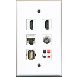 RiteAV - 2 HDMI 1 Port Coax Cable TV- F-Type 1 Port USB A-A 1 Port Cat5e Ethernet White 1 Port Speaker Wall Plate
