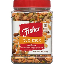 Fisher Fisher Snack Tex Mex Trail Mix, 30 Ounces, Hot and Spicy Peanuts, Almonds, Salsa Corn Sticks, Sesame Sticks, Chili Bits, Pepitas