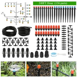 Maotong 240FT Drip Irrigation System Kit, Automatic Garden Watering Misting System for Greenhouse, Yard, Lawn, Plant with 1/2 inch Hose 1/4 inch Distribution Tubing and Accessories