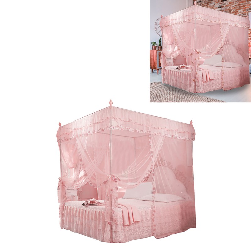 Luxury Princess 3 Side Openings Post Bed Curtain Canopy Netting