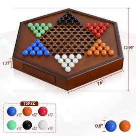 Chinese Checkers 15" x 13" Large Wooden Checkers Board Game Includes 16mm 60+12 Colorful Glass Marbles,Classic Strategy Family Board Game for Kids and Adults,Walnut