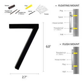 6''House Numbers-Usumairu Address Numbers for Houses,Floating House Numbers for Outside with Mounting Kit,Modern 3D Shadow Black Metal Address Numbers and Signs for Door&Garden&Mailbox&Hotel-7
