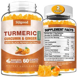 2 Pack Turmeric Curcumin Gummies with Ginger & Black Pepper Herbal Supplement, Immune Support, Healthy Skin, and Joint Health, for Women, Men & Kids - 120 Orange Flavored Gummies