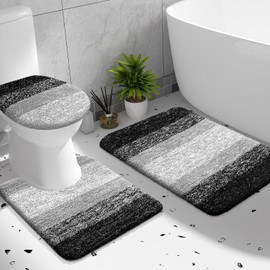 OLANLY Bathroom Rugs Sets 3 Piece, Soft Microfiber Absorbent Bath Mat, U-Shaped Contour Toilet Mat and Toilet Lid Cover, Quick Dry, Machine Washable, Toilet Cover and Rug Set for Bathroom, Black