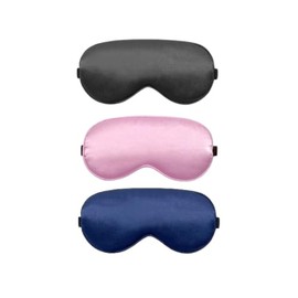 Pack con 3 antifaces para dormir en colores: negro, rosa y azul marino. Mascara de sueño tipo seda. El antifaz cubre suave y cómodamente los ojos y tiene correa ajustable. Apto para hombre y mujer.