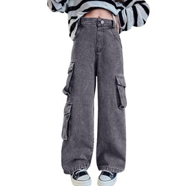 Bolknokin Girls Baggy Cargo Jeans Y2K Kids Wide Leg Hip Hop Loose Casual Trousers Size 6-14 Years(Black,10-11 Years)