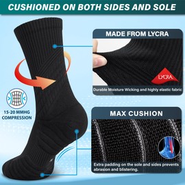 Hylaea Compression Running Socks for Men, Coolmax Anti-Blister Cushion Crew Socks for Athletic Basketball Tennis, Moisture Wicking & Seamless, Elite Black Medium