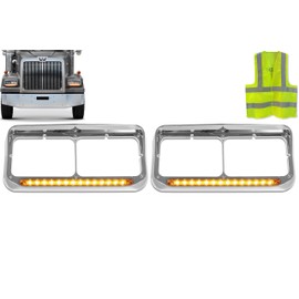 KOZAK C500 Headlights Bezels Chrome with 12" Amber/Yellow LED Light Strip Bar 2 Pcs (Passenger Right & Left Driver Side) For Western Star 4900 PLUS Reflective Vest
