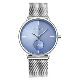 MASTOP - Reloj de pulsera de acero inoxidable para mujer, con correa de malla tejida de acero inoxidable, diseño simple, visualización analógica, reloj de, Azul, Reloj de cuarzo