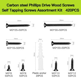M3 Flat Head Self-Tapping Screws Assortment Kit, Carbon Steel Wood Screw Phillips Flat Head,Contains 20pcs M6 Screw Anchors, DIY and Joinery Screws Set 400pcs