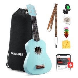 Donner Soprano Ukulele for Beginner 21 Inch Matte Ukulele Beginner Kit with Bag Strap Tuner Strings Picks Cloth, Free Online Lessons, Holiday Christmas & Birthday Gift (Cyan Blue)