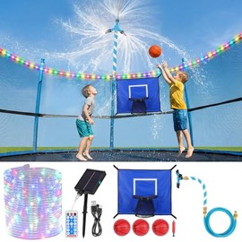 3-in-1 Trampoline Accessories Kit: 360°Rotating Water Sprinkler, 50FT Solar-Powered LED Lights & Kids Basketball Hoop with 3 Mini Balls / 8 Light Modes, Universal Fit for 8-16ft Trampolines