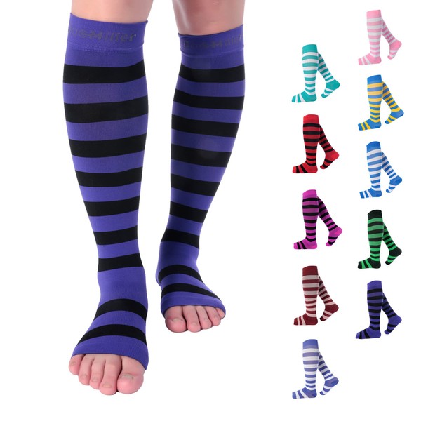 Doc Miller Open Toe Compression Socks for Women and Men 15-20mmHg, Shin Splints, Varicose Veins, Calf Injury Recovery, 1 Pair Purple & Black Small Toeless Compression Socks Women