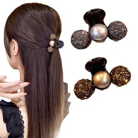 Rannyrena Elegant Large Pearl Crystal Butterfly Claw Clip for Women Thin Thick Curly Hair Cute Leopard Print Bow Strong Hold Hair Accessories (Gold and Silver Glitter Small Hair Clips (Pack of 2))