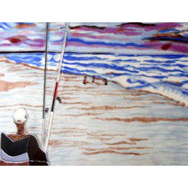 Fisherman hand painted ceramic art tile 11 x 14 inches with felt back and hook