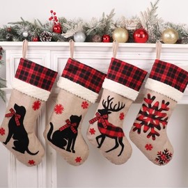 Yuokwer Christmas Stockings with Reindeer and Snowflake, 2 Pack 18" Christmas Stocking Deer Snowflake Burlap Plaid Xmas Stocking Holiday Christmas Decoration Gifts for Family (Traditional, Set of 4)