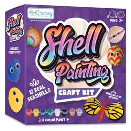 ArtCreativity Seashell Painting Kit for Kids - Sea Shell Craft Kit with 12 Real Seashells, 8 Paint Pots, 2 Glitter Paint Tubes, Air Dry Clay, and More - Summer Arts and Crafts Kits for Girls Ages 4-12