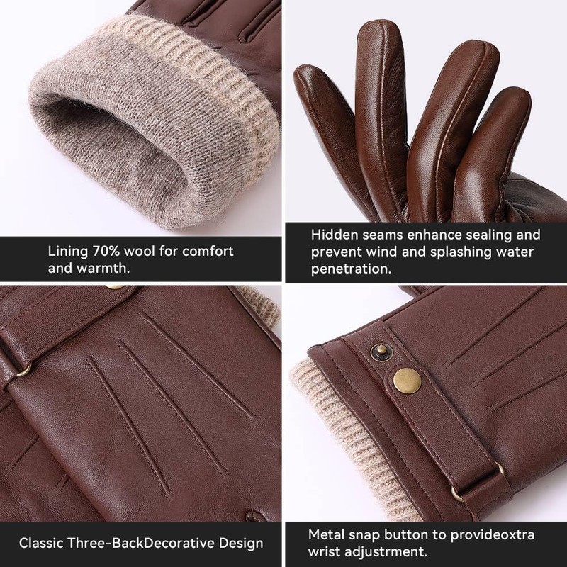 OZERO Mens Winter Gloves Nappa Leather Warm Cashmere Lined Touchscreen