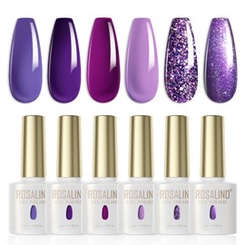 ROSALIND UV Nagellack Lila, 6 Farben Lila Wisteria Rose Lila Dunkellila Glitzer Purpurrot Shellac Soak-Off UV LED Gellack für Frauen Home DIY Nail Art Maniküre Salon