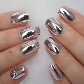 Silver Press on Nails Medium Square Fake Nails Metal Design Holographic Chrome False Nails Artificial Acrylic Nail Silver Mirror Nails Press ons Full Cover Stick On Nails for Women Girls 24Pcs